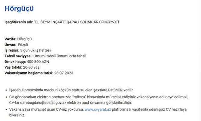 Qarabağda işləmək istəyənlərin NƏZƏRİNƏ! — Məvacib 2300 AZN-dək (SİYAHI) Qarabağda işləmək istəyənlərin NƏZƏRİNƏ! — Məvacib 2300 AZN-dək (SİYAHI)