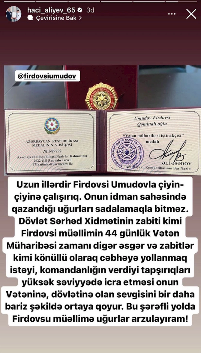 Firdovsi Umudova “Vətən müharibəsi iştirakçısı” medalı təqdim edildi — FOTOLAR