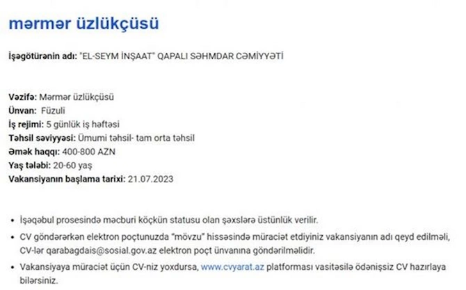 Qarabağda işləmək istəyənlərin NƏZƏRİNƏ! — Məvacib 2300 AZN-dək (SİYAHI) Qarabağda işləmək istəyənlərin NƏZƏRİNƏ! — Məvacib 2300 AZN-dək (SİYAHI)