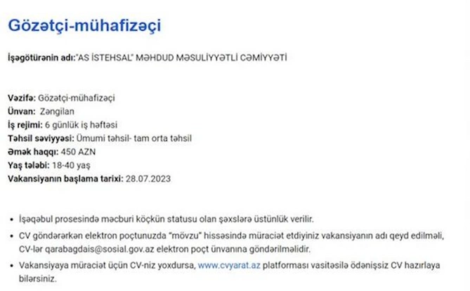 Qarabağda işləmək istəyənlərin NƏZƏRİNƏ! — Məvacib 2300 AZN-dək (SİYAHI) Qarabağda işləmək istəyənlərin NƏZƏRİNƏ! — Məvacib 2300 AZN-dək (SİYAHI)