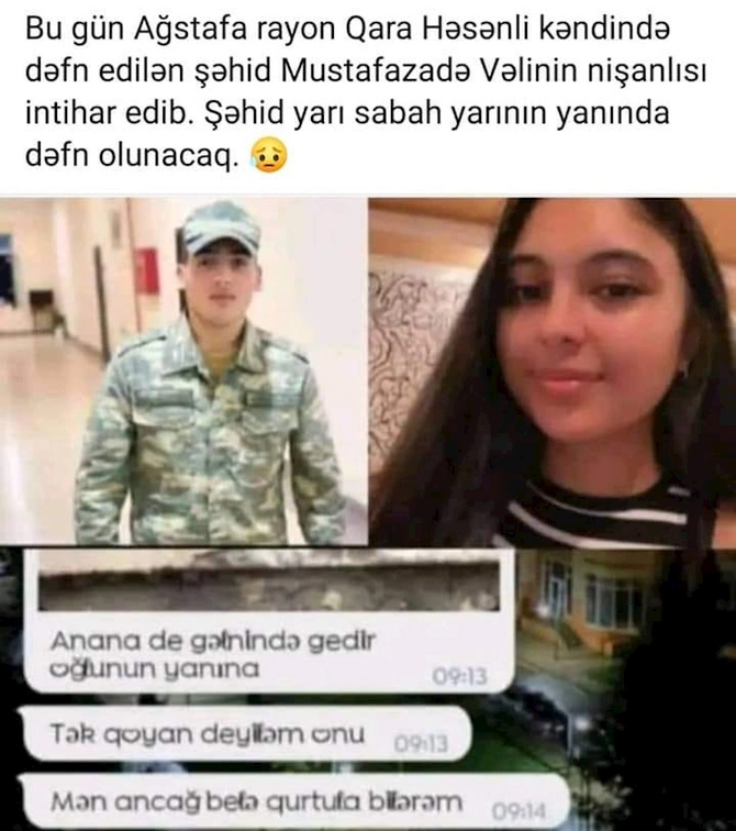 Şəhidin nişanlısının son mesajları: “Tək qoyan deyiləm onu” Şəhidin nişanlısının son mesajları: “Tək qoyan deyiləm onu”