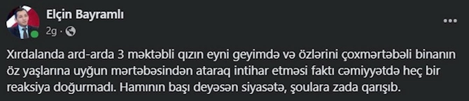 Şübhəli intiharlara verilməyən reaksiya: “Hamının başı siyasətə, şouya qarışıb”