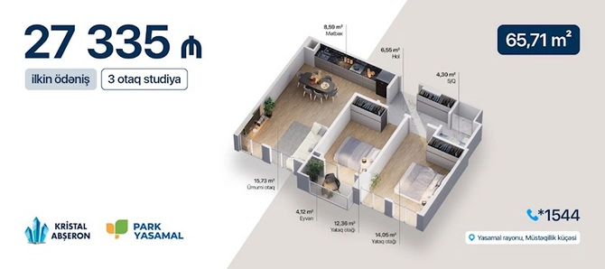 Kristal Abşeronda əla fürsət — Park Yasamalda tam təmirli mənzillər satışda!