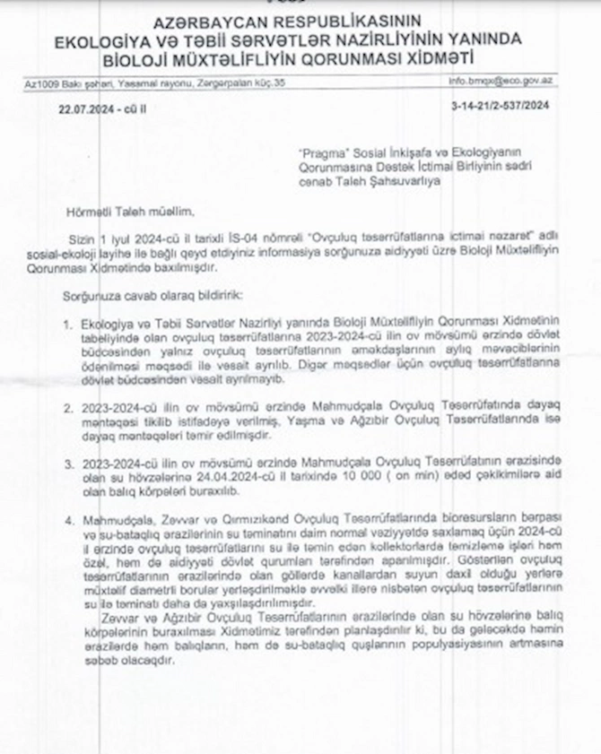 ETSN “Pragma” İB-nin informasiya sorğusuna cavab verib — FOTOLAR