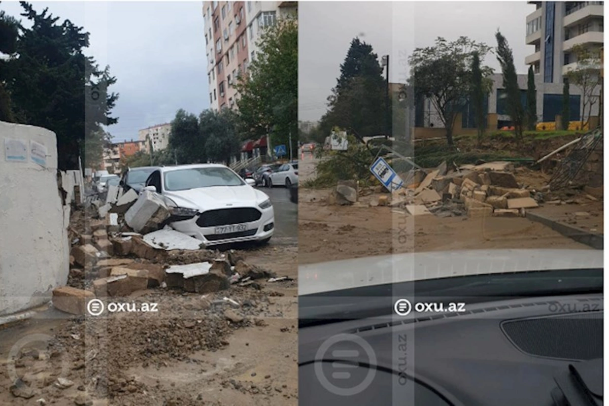 Nizami rayonunda divar avtomobilin üzərinə aşdı — FOTOLAR