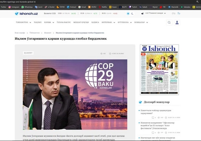 Özbəkistanın dövlət xəbər agentliyi Bakıda keçiriləcək COP29-dan yazıb — FOTOLAR