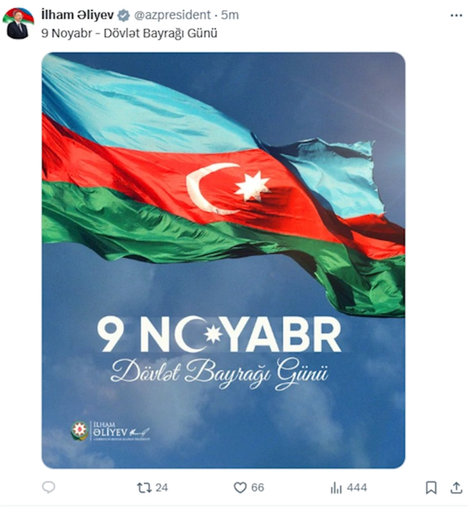 Prezidentdən Dövlət Bayrağı Günü ilə bağlı paylaşım — FOTO Prezidentdən Dövlət Bayrağı Günü ilə bağlı paylaşım — FOTO