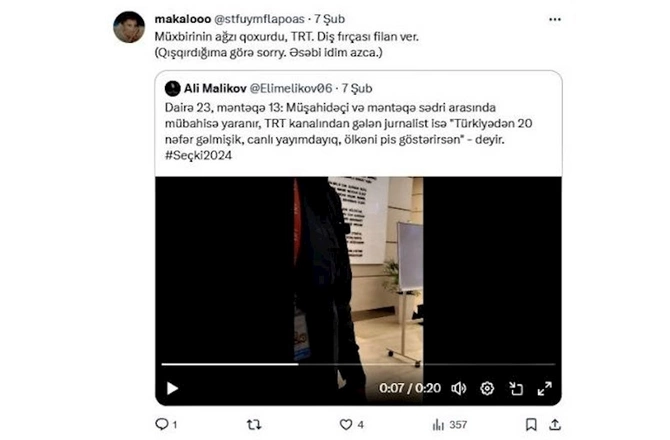 Seçki günü türk jurnalist ilə mühabisə edən “dövlət rəsmisinin” kimliyi bilindi