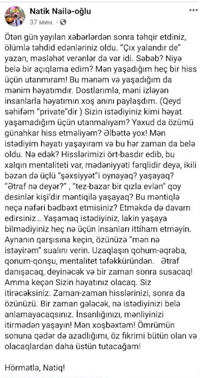 Həmcinsinə ərə gedən azərbaycanlı jurnalist DANIŞDI: “Utanmalıyam? Həyatımı yaşayıram”