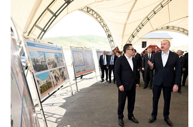 Prezidentlər Ağdamda məktəbin təməlqoyma mərasimində — FOTOLAR