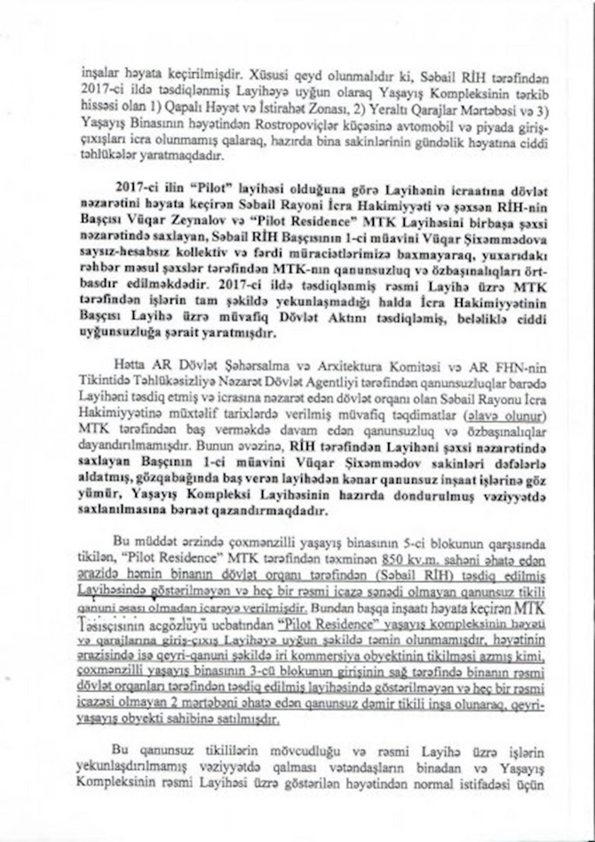 Pilot Residence” binasının sakinləri Mehriban Əliyevaya şikayət məktubu yazdılar