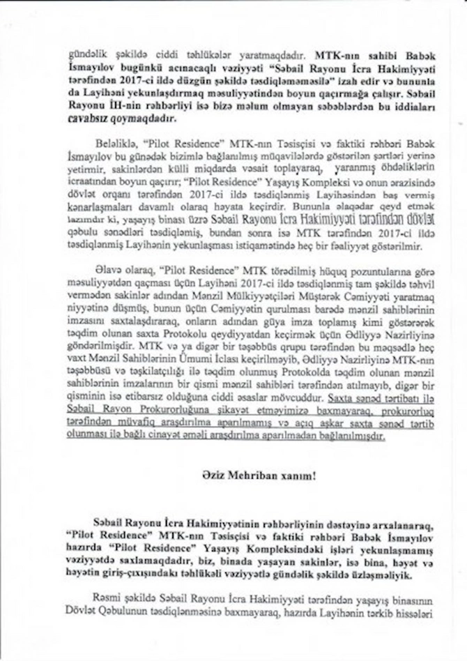 Pilot Residence” binasının sakinləri Mehriban Əliyevaya şikayət məktubu yazdılar