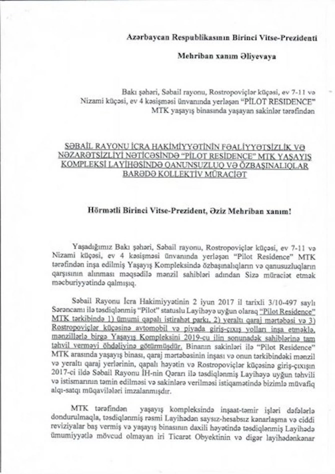 Pilot Residence” binasının sakinləri Mehriban Əliyevaya şikayət məktubu yazdılar