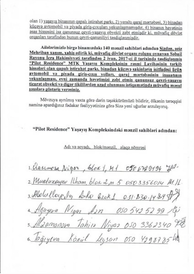 Pilot Residence” binasının sakinləri Mehriban Əliyevaya şikayət məktubu yazdılar