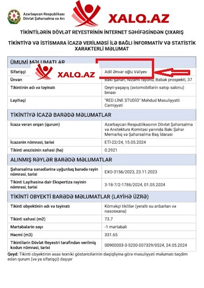 Adil Vəliyevin adına 2 milyon manatlıq avtosalon — Rəsmi sənədlər Adil Vəliyevin adına 2 milyon manatlıq avtosalon — Rəsmi sənədlər