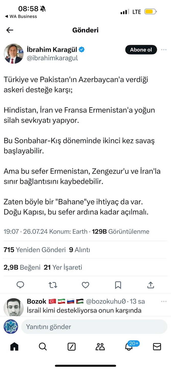 Payızda yeni müharibə başlayır, Ermənistan Zəngəzuru itirir — Ərdoğana yaxın qəzetin rəhbərindən ŞOK yazı (FOTO)