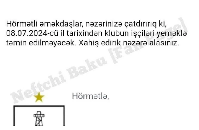 “Neftçi” işçilərinin yeməyini kəsdi — FOTO “Neftçi” işçilərinin yeməyini kəsdi — FOTO