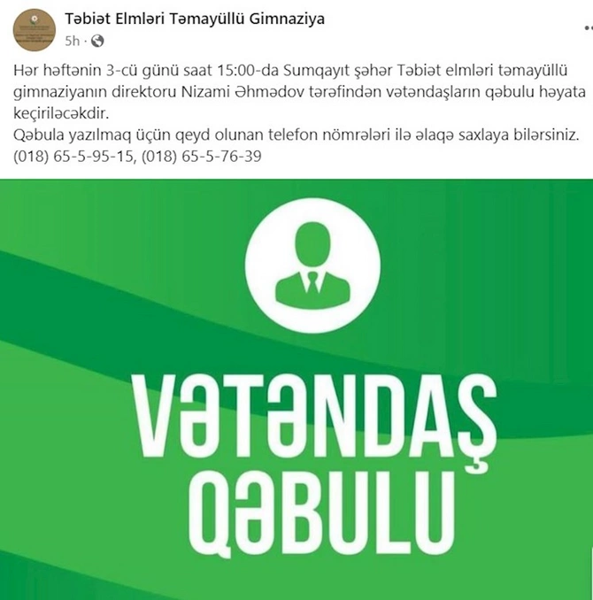 Nazir irad bildirdi, direktorlar qəbul günlərini açıqladı