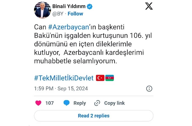 Binəli Yıldırımdan Azərbaycanla bağlı paylaşım — FOTO Binəli Yıldırımdan Azərbaycanla bağlı paylaşım — FOTO