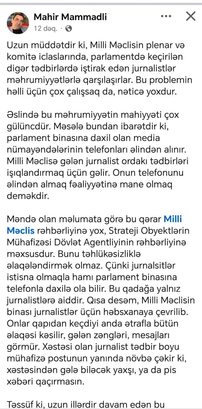 Jurnalistlərin telefonu əlindən alındı: Milli Məclisdə qəribə qadağa — NARAZILIQ (FOTO)