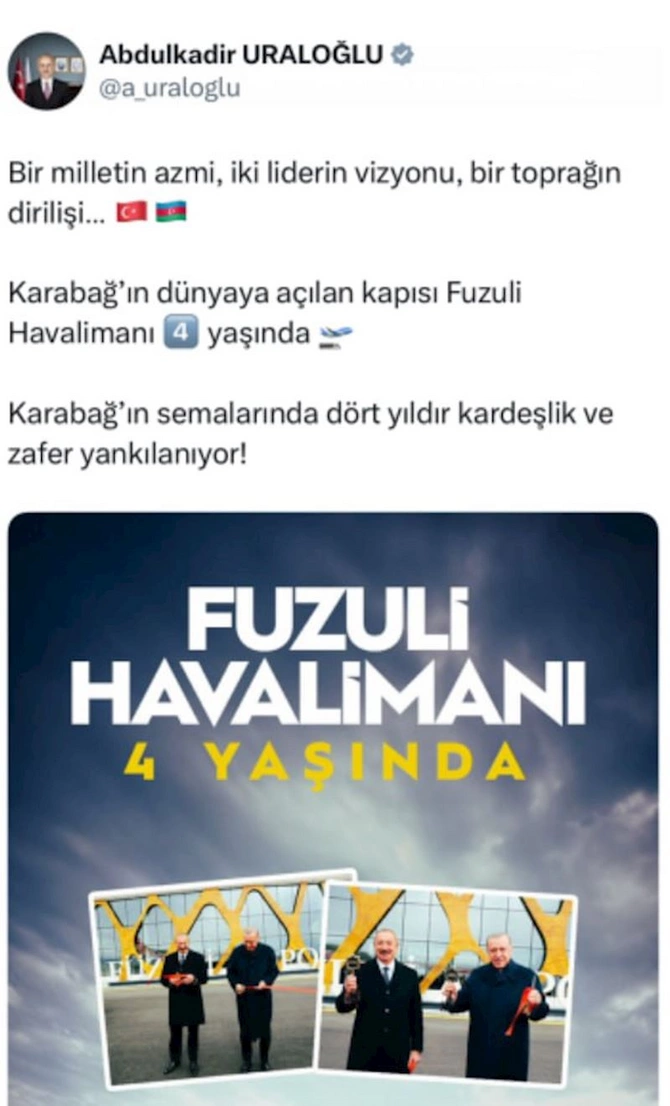 Türkiyəli nazirdən Füzuli Beynəlxalq Hava Limanı ilə bağlı PAYLAŞIM — FOTOLAR Türkiyəli nazirdən Füzuli Beynəlxalq Hava Limanı ilə bağlı PAYLAŞIM — FOTOLAR