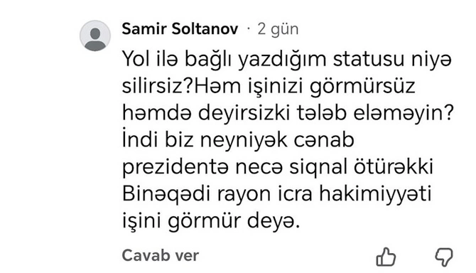 Binəqədi sakinlərindən ETİRAZ: “Prezidentə necə çatdıraq ki, icra hakimiyyəti işləmir” — Şikayətçi (FOTOLAR) Binəqədi sakinlərindən ETİRAZ: “Prezidentə necə çatdıraq ki, icra hakimiyyəti işləmir” — Şikayətçi (FOTOLAR)