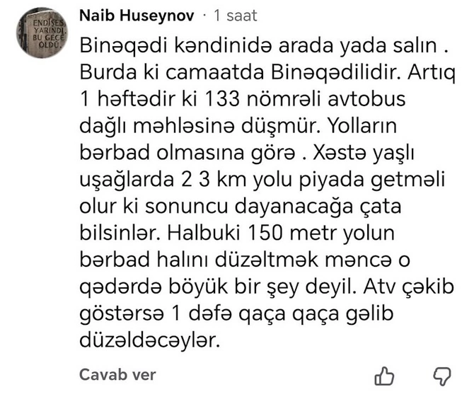 Binəqədi sakinlərindən ETİRAZ: “Prezidentə necə çatdıraq ki, icra hakimiyyəti işləmir” — Şikayətçi (FOTOLAR) Binəqədi sakinlərindən ETİRAZ: “Prezidentə necə çatdıraq ki, icra hakimiyyəti işləmir” — Şikayətçi (FOTOLAR)