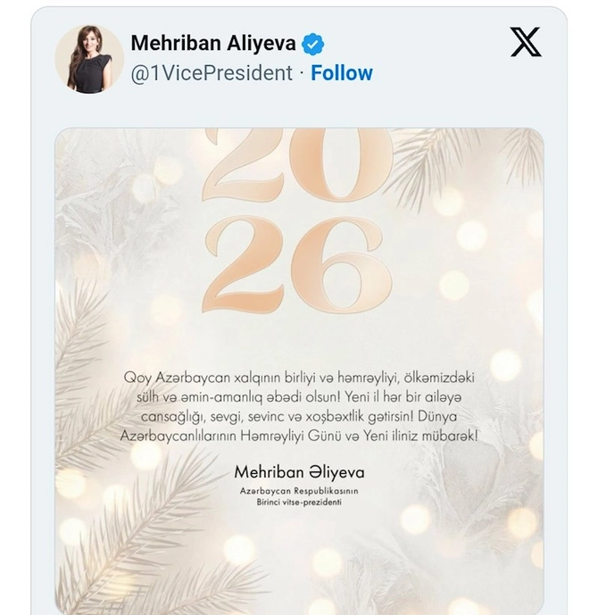 Mehriban Əliyeva bayram paylaşımı etdi Mehriban Əliyeva bayram paylaşımı etdi