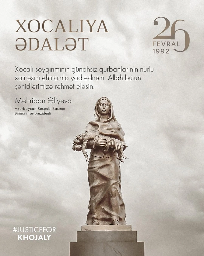 Mehriban Əliyeva Xocalı soyqırımının ildönümü ilə bağlı paylaşım edib — FOTO