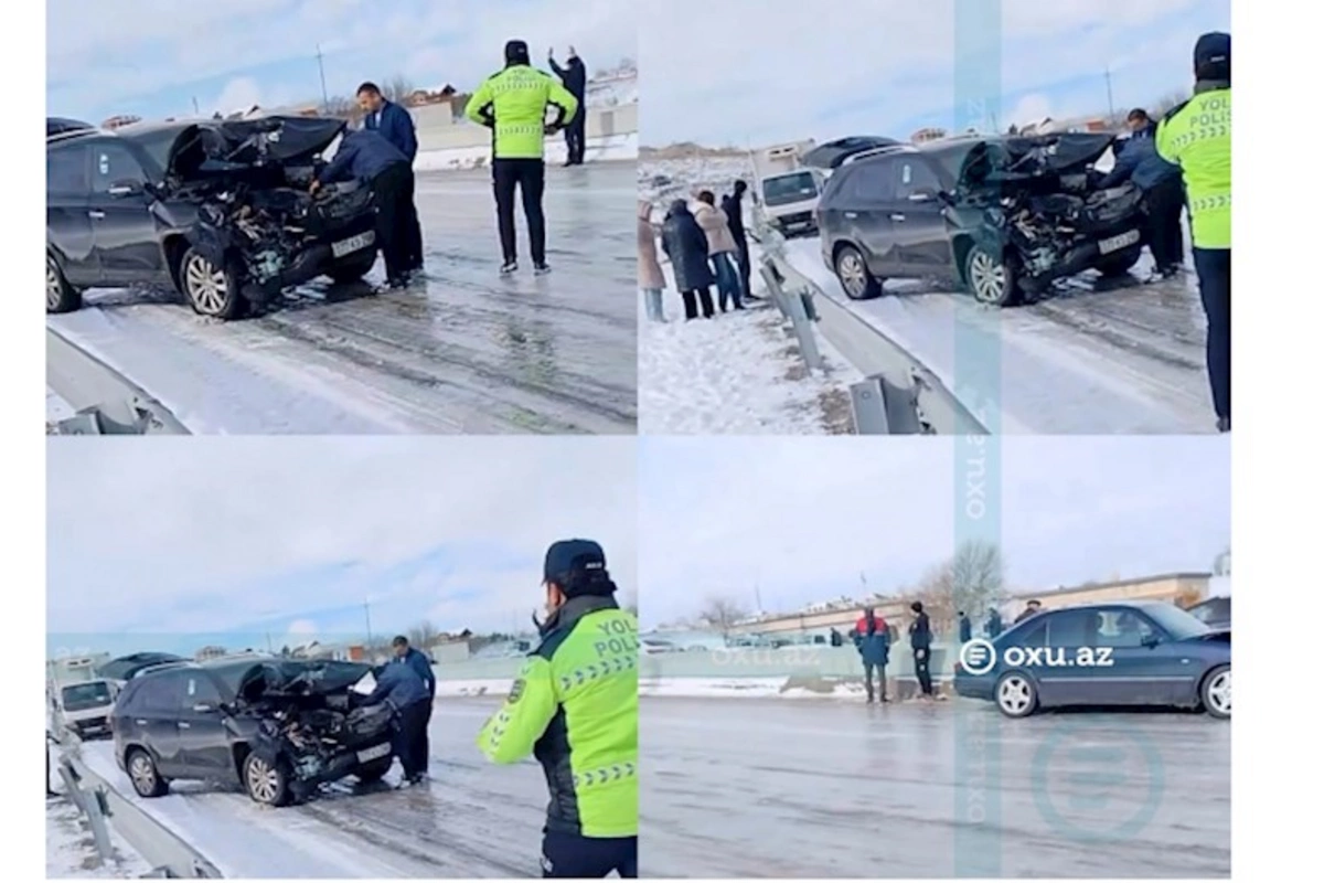 Bakı-Şamaxı yolu buz bağladı: İki avtomobil toqquşdu — VİDEO