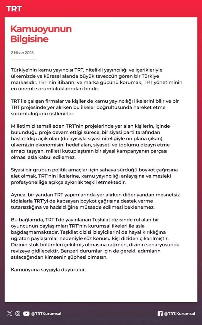Boykot çağırışı edən aktrisa “Təşkilat”dan çıxarıldı Boykot çağırışı edən aktrisa “Təşkilat”dan çıxarıldı