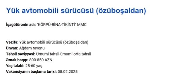 Qarabağda işləmək istəyənlərin nəzərinə! — İş yerləri 3000 AZN maaş (FOTOLAR) Qarabağda işləmək istəyənlərin nəzərinə! — İş yerləri 3000 AZN maaş (FOTOLAR)
