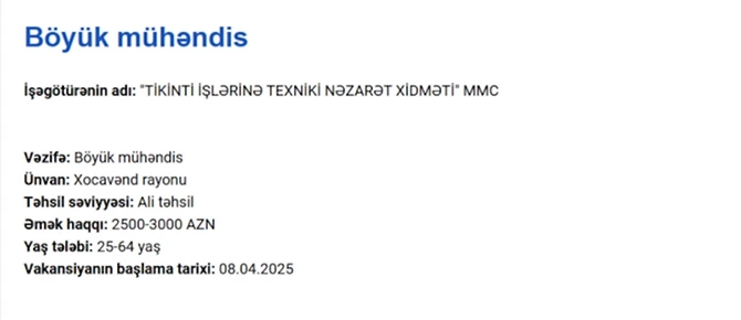 Qarabağda işləmək istəyənlərin nəzərinə! — İş yerləri 3000 AZN maaş (FOTOLAR) Qarabağda işləmək istəyənlərin nəzərinə! — İş yerləri 3000 AZN maaş (FOTOLAR)