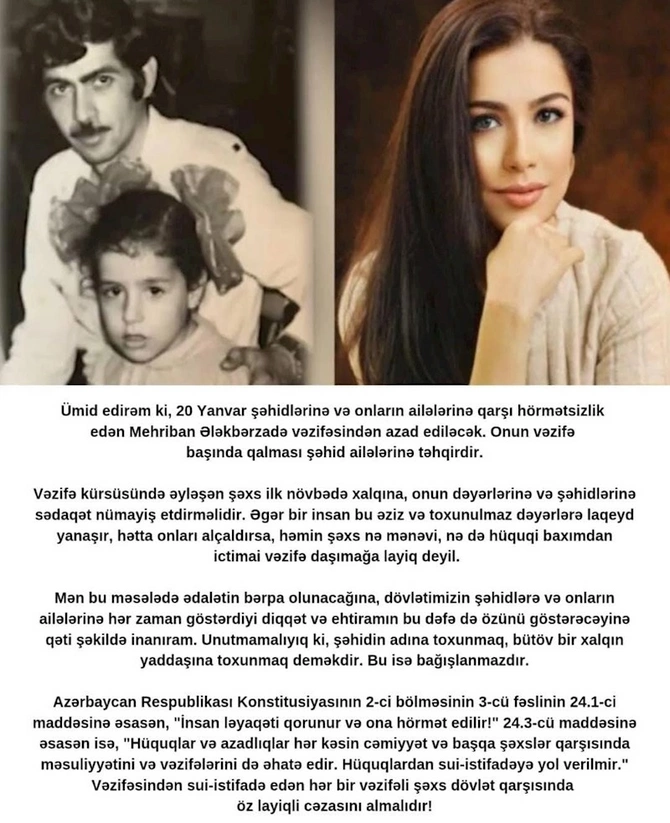 “Şəhidlərə və onların ailələrinə hörmətsizlik edən Mehriban Ələkbərzadə vəzifəsindən azad olunmalıdır!” — FOTO
