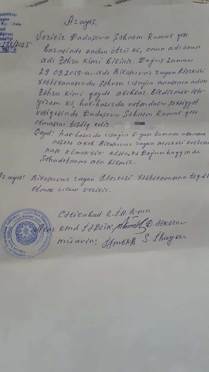 Doğum evində anasının adı səhv yazıldı — Məktəbə qeydiyyata düşə bilmir (FOTOLAR)