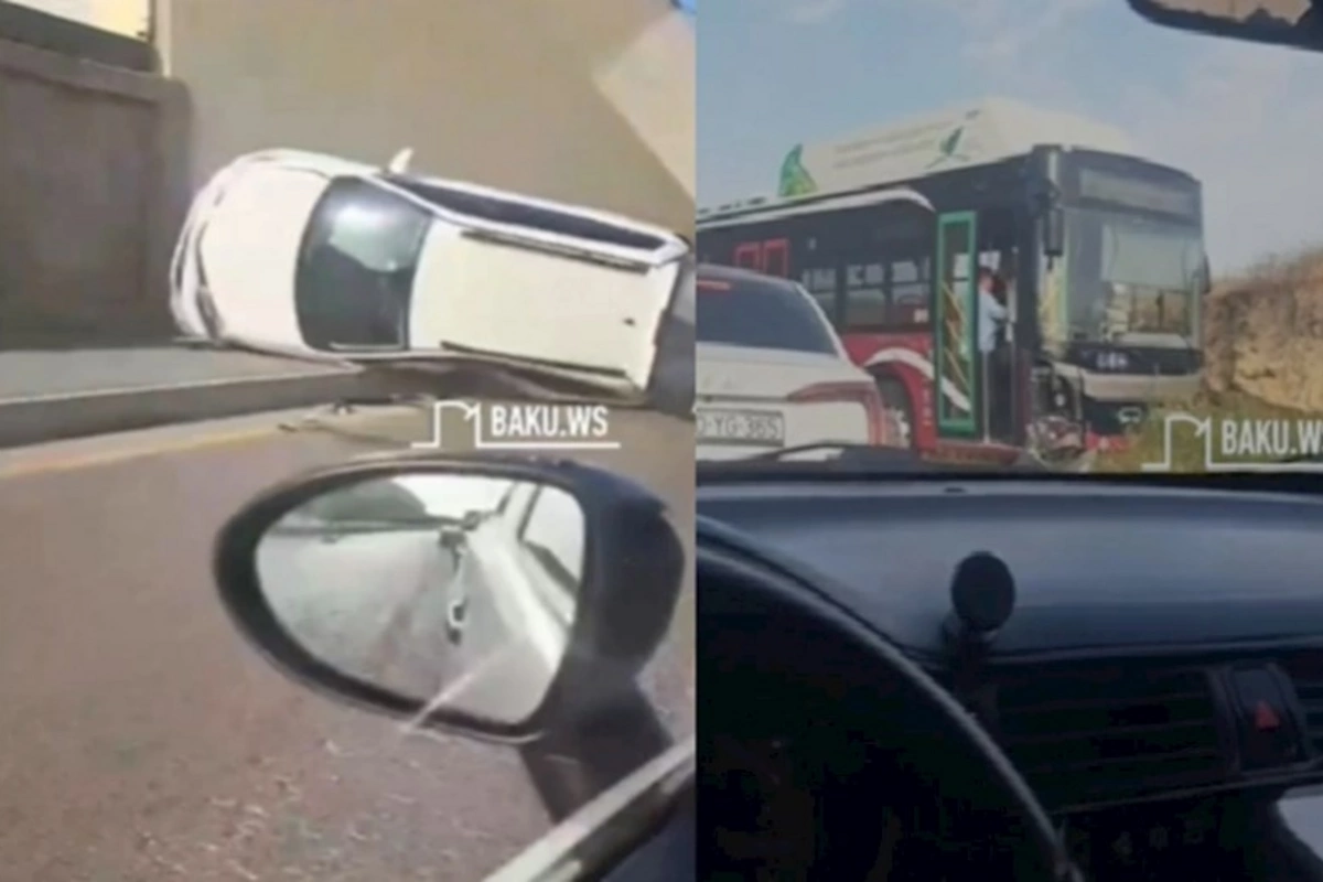 Hövsanda avtobusla toqquşan avtomobil aşdı