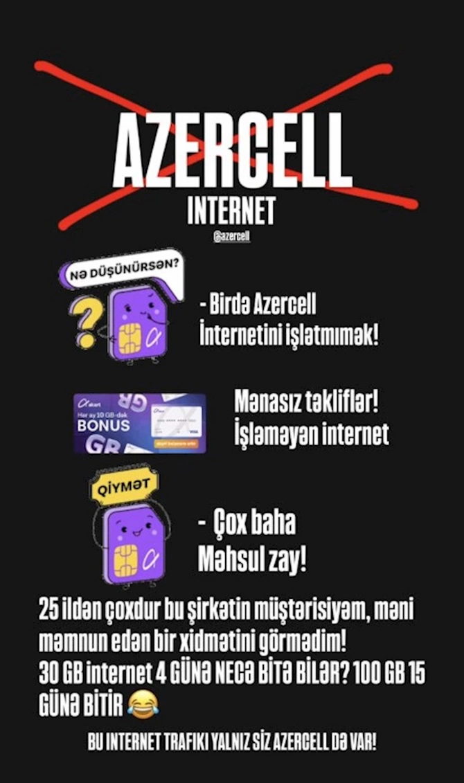Abbas Bağırov Azercelldən şikayətçidir: “30 GB internet 4 günə necə bitə bilər?”