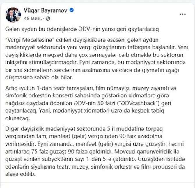 Bu ödənişlərdə ƏDV-nin yarısı geri qaytarılacaq — RƏSMİ (FOTO)