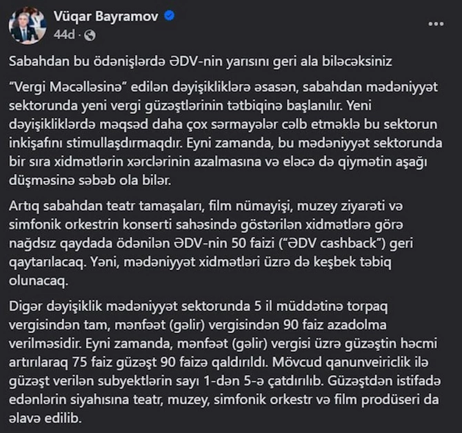 Vətəndaşlara ŞAD XƏBƏR: Bu ödənişlərdə ƏDV-nin yarısı geri qaytarılacaq — FOTO