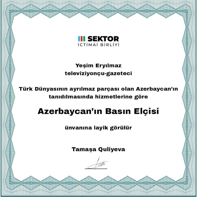 Yeşim Əryılmaz “Azərbaycanın Mətbuat Elçisi” mükafatına layiq görüldü — FOTO Yeşim Əryılmaz “Azərbaycanın Mətbuat Elçisi” mükafatına layiq görüldü — FOTO