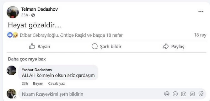 “Həyat gözəldir” yazdı, saatlar sonra vəfat etdi — FOTOLAR “Həyat gözəldir” yazdı, saatlar sonra vəfat etdi — FOTOLAR