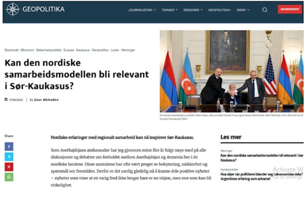 Norveçin “Geopolitika” nəşrində Vaşinqtonda paraflanan sülh sazişi haqqında məqalə dərc olunub