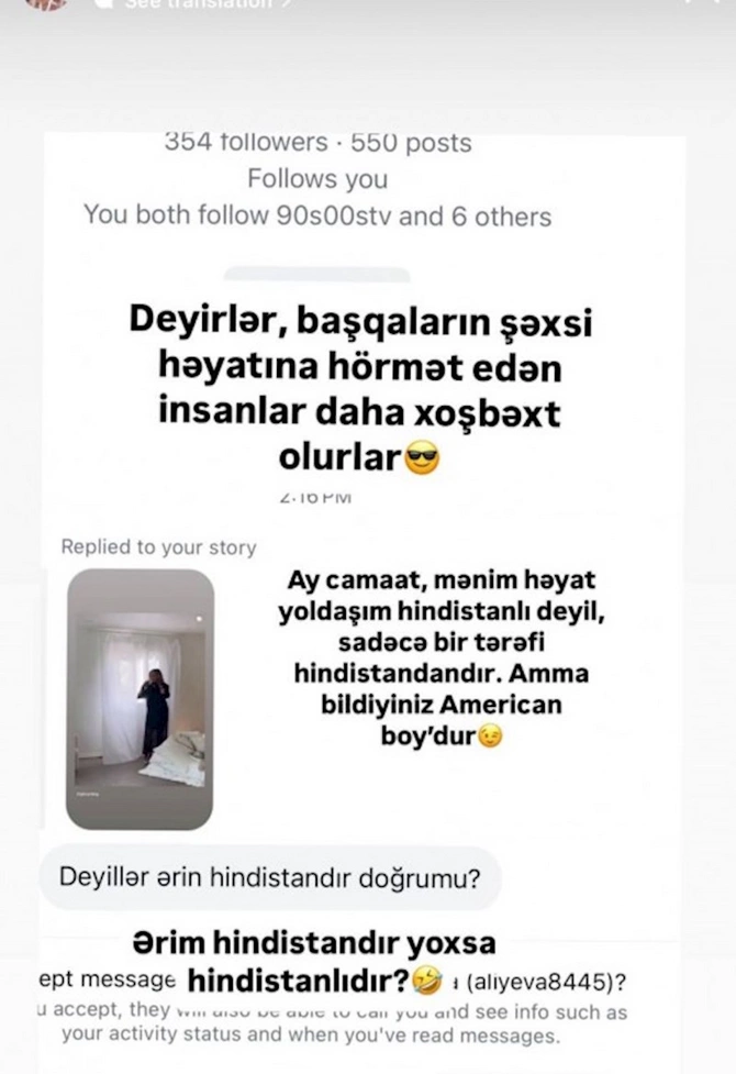 Həyat yoldaşı ilə bağlı sual verən izləyicisini paylaşıb, bunları yazdı