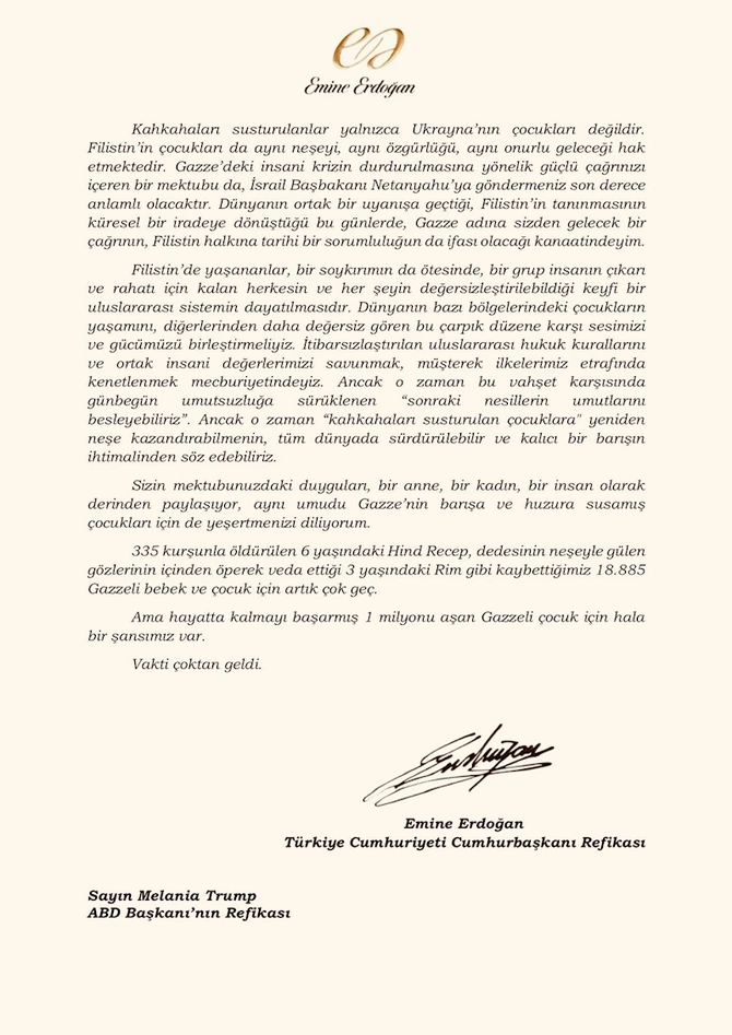 Əminə Ərdoğan Qəzzada uşaqların vəziyyəti ilə bağlı Melaniya Trampa məktub yazıb