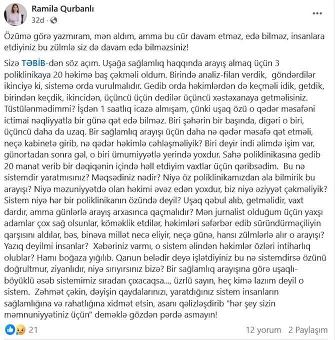 Tanınmış jurnalist TƏBİB-dən gileyləndi — “Bu nə sistemdir yaratmısınız?”