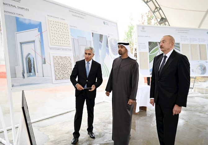 Prezident İlham Əliyev və Prezident Şeyx Məhəmməd bin Zayed Al Nəhyan Yeni Şuşa məscidində tikinti işlərinin gedişi ilə tanış olublar — FOTOLAR