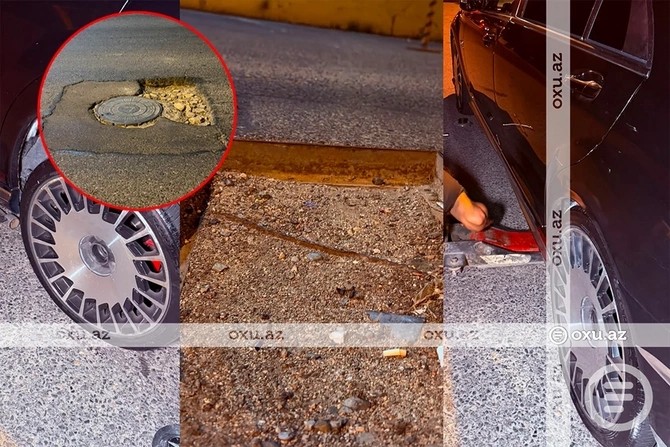 Bakıda çökən yol sürücüyə 800 manata başa gəldi — VİDE/FOTO