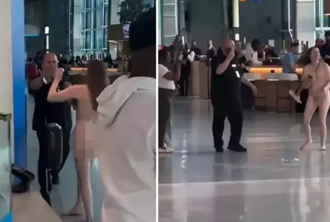 Çılpaq qadın hava limanında qələmlə insanlara hücum etdi — FOTOLAR