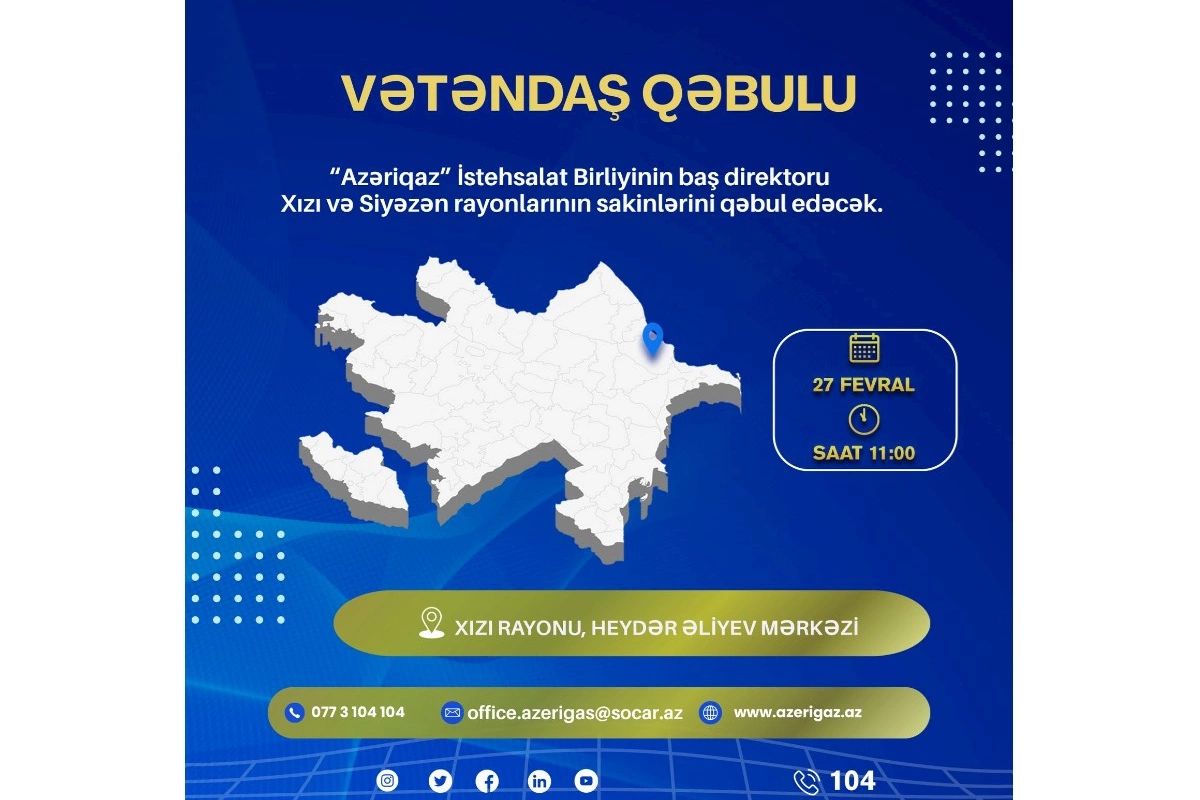 Azəriqaz Xızıda vətəndaş qəbulu keçirəcək