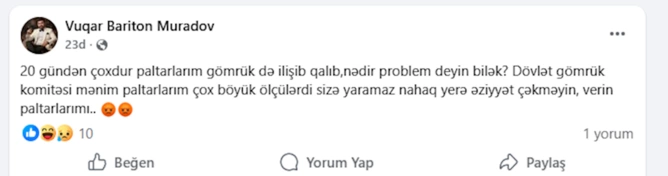 Məşhur müğənnidən Gömrük Komitəsinə: Verin paltarlarımı... — FOTO Məşhur müğənnidən Gömrük Komitəsinə: Verin paltarlarımı... — FOTO